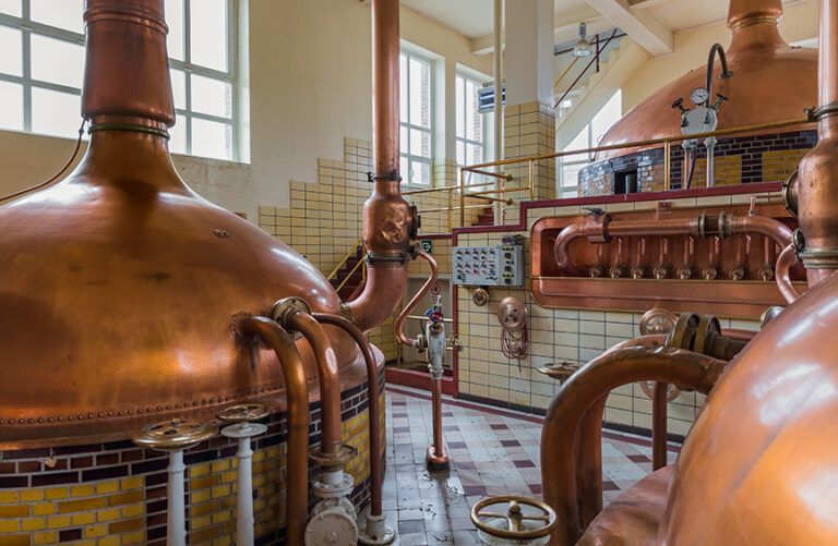 Copper kettles in a brewery