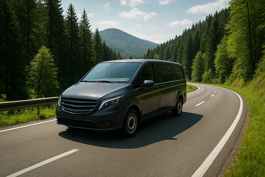 Van on a beautiful road in the Black Forest